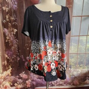 Floral Leopard Print Button Front Boho Pullover Top‎ Black Red XL